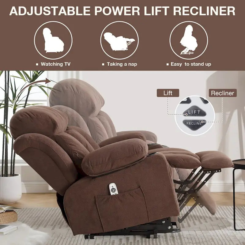 Fauteuil inclinable électrique en tissu avec massage et chaleur pour personnes âgées, avec ports USB, porte-gobelets et poches latérales