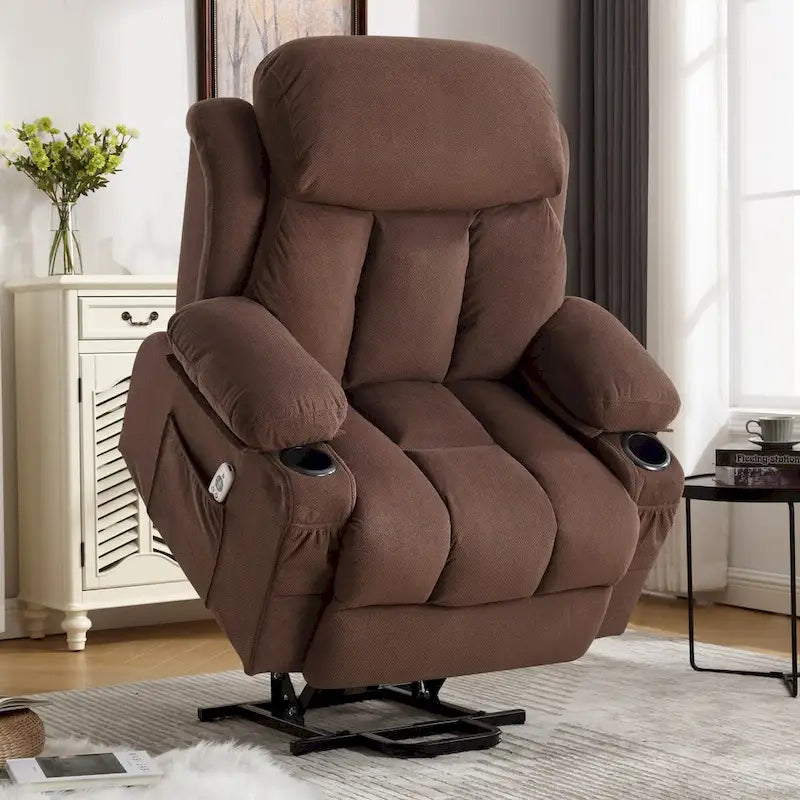 Fauteuil inclinable électrique en tissu avec massage et chaleur pour personnes âgées, avec ports USB, porte-gobelets et poches latérales