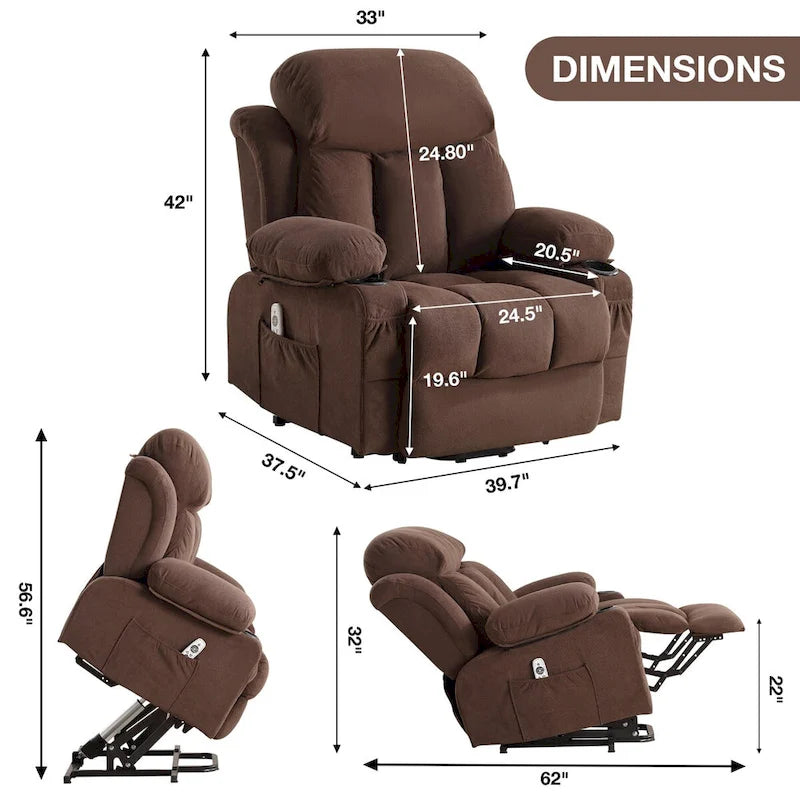 Fauteuil inclinable électrique en tissu avec massage et chaleur pour personnes âgées, avec ports USB, porte-gobelets et poches latérales