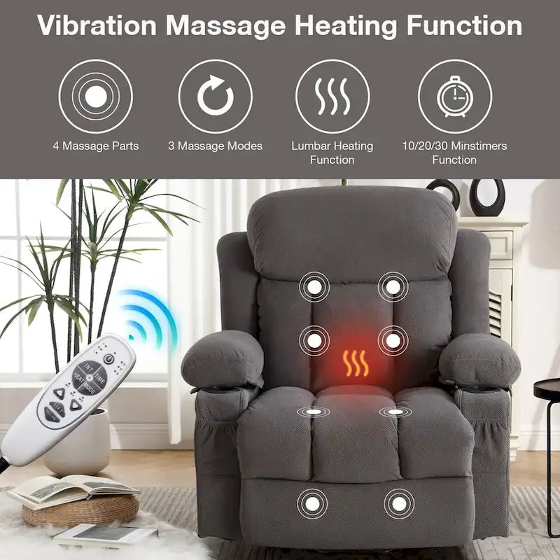 Fauteuil inclinable électrique en tissu avec massage et chaleur pour personnes âgées, avec ports USB, porte-gobelets et poches latérales