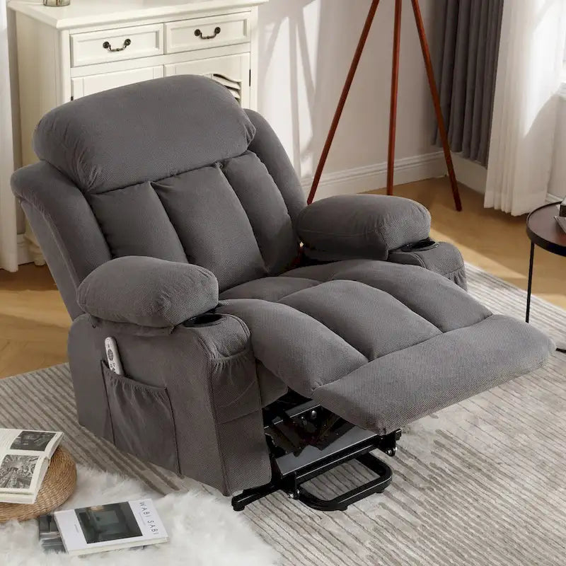 Fauteuil inclinable électrique en tissu avec massage et chaleur pour personnes âgées, avec ports USB, porte-gobelets et poches latérales
