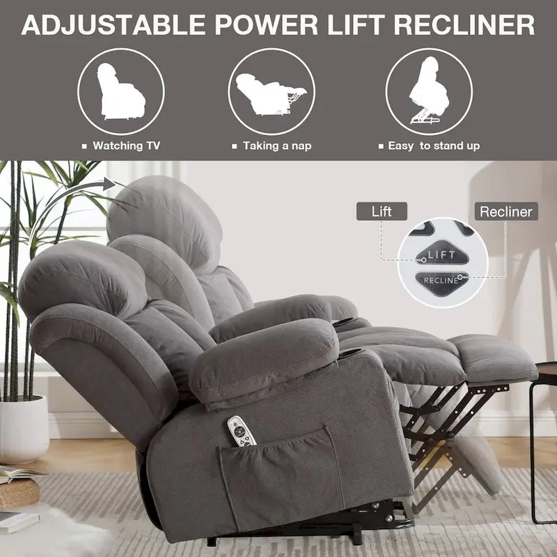 Fauteuil inclinable électrique en tissu avec massage et chaleur pour personnes âgées, avec ports USB, porte-gobelets et poches latérales