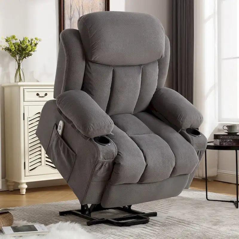 Fauteuil inclinable électrique en tissu avec massage et chaleur pour personnes âgées, avec ports USB, porte-gobelets et poches latérales
