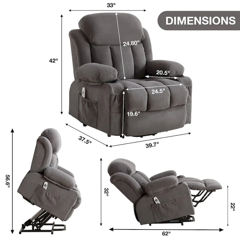 Fauteuil inclinable électrique en tissu avec massage et chaleur pour personnes âgées, avec ports USB, porte-gobelets et poches latérales