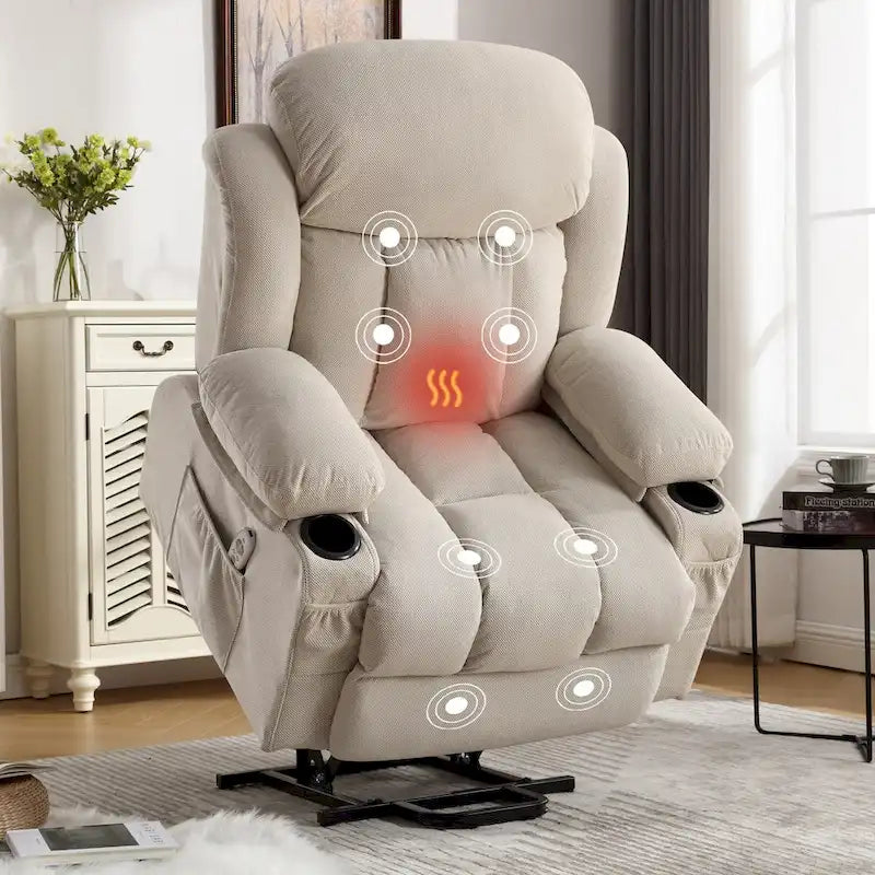 Fauteuil inclinable électrique en tissu avec massage et chaleur pour personnes âgées, avec ports USB, porte-gobelets et poches latérales