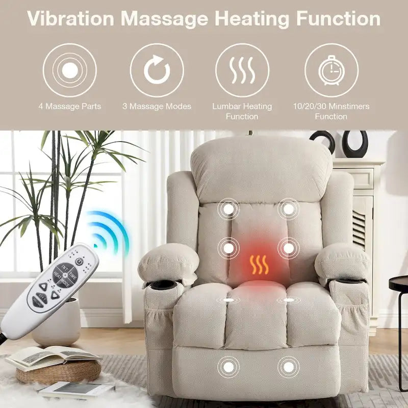 Fauteuil inclinable électrique en tissu avec massage et chaleur pour personnes âgées, avec ports USB, porte-gobelets et poches latérales