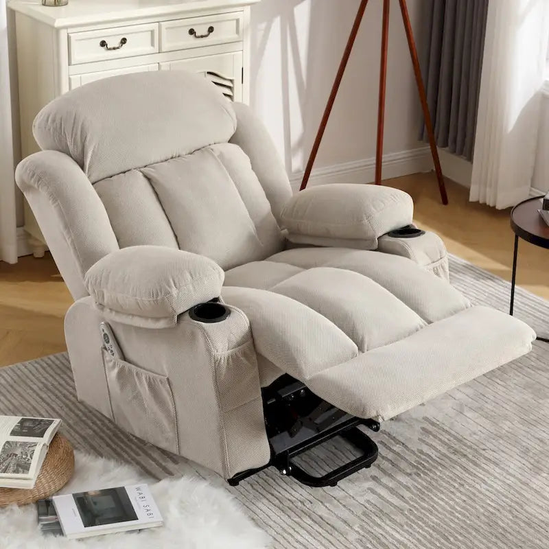 Fauteuil inclinable électrique en tissu avec massage et chaleur pour personnes âgées, avec ports USB, porte-gobelets et poches latérales
