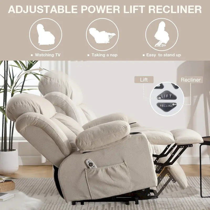 Fauteuil inclinable électrique en tissu avec massage et chaleur pour personnes âgées, avec ports USB, porte-gobelets et poches latérales