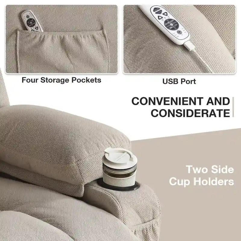Fauteuil inclinable électrique en tissu avec massage et chaleur pour personnes âgées, avec ports USB, porte-gobelets et poches latérales