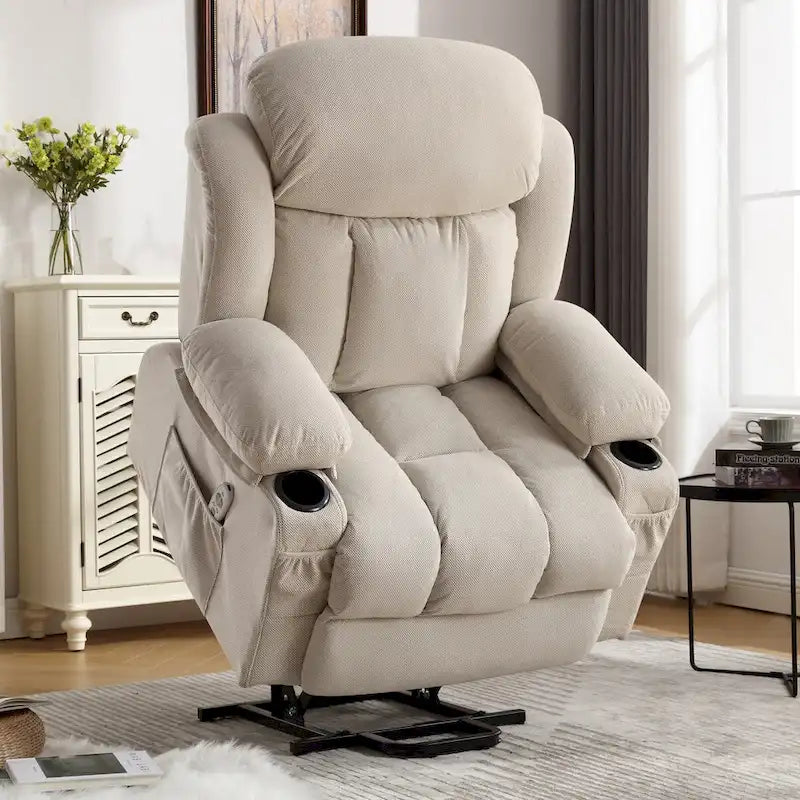 Fauteuil inclinable électrique en tissu avec massage et chaleur pour personnes âgées, avec ports USB, porte-gobelets et poches latérales