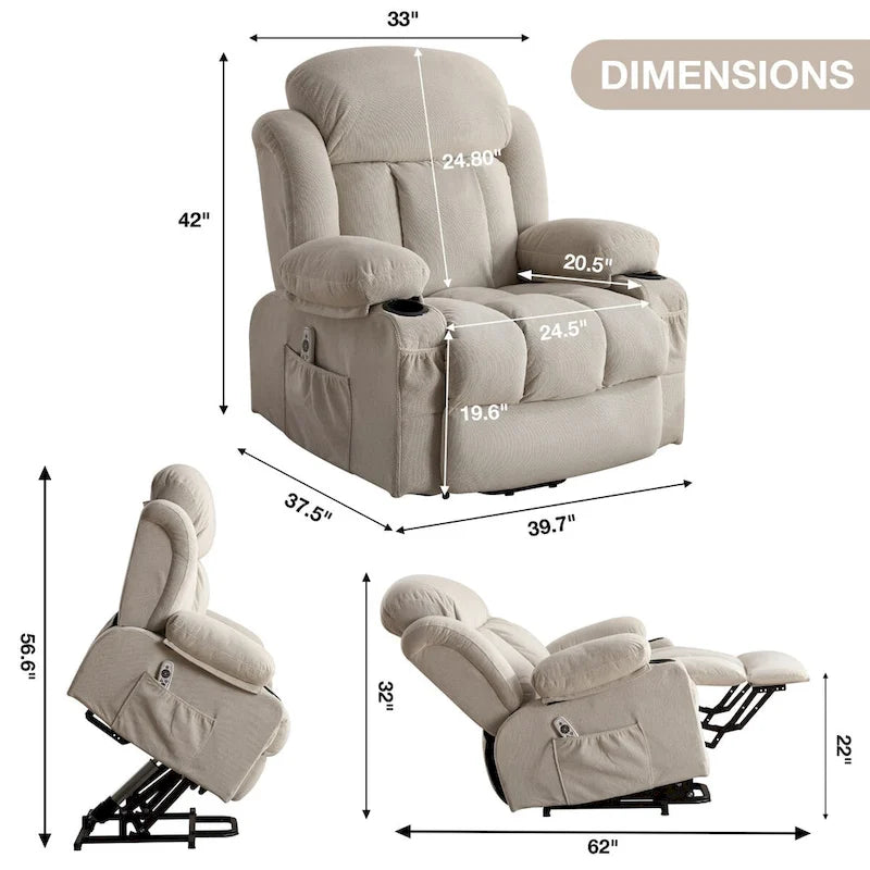 Fauteuil inclinable électrique en tissu avec massage et chaleur pour personnes âgées, avec ports USB, porte-gobelets et poches latérales