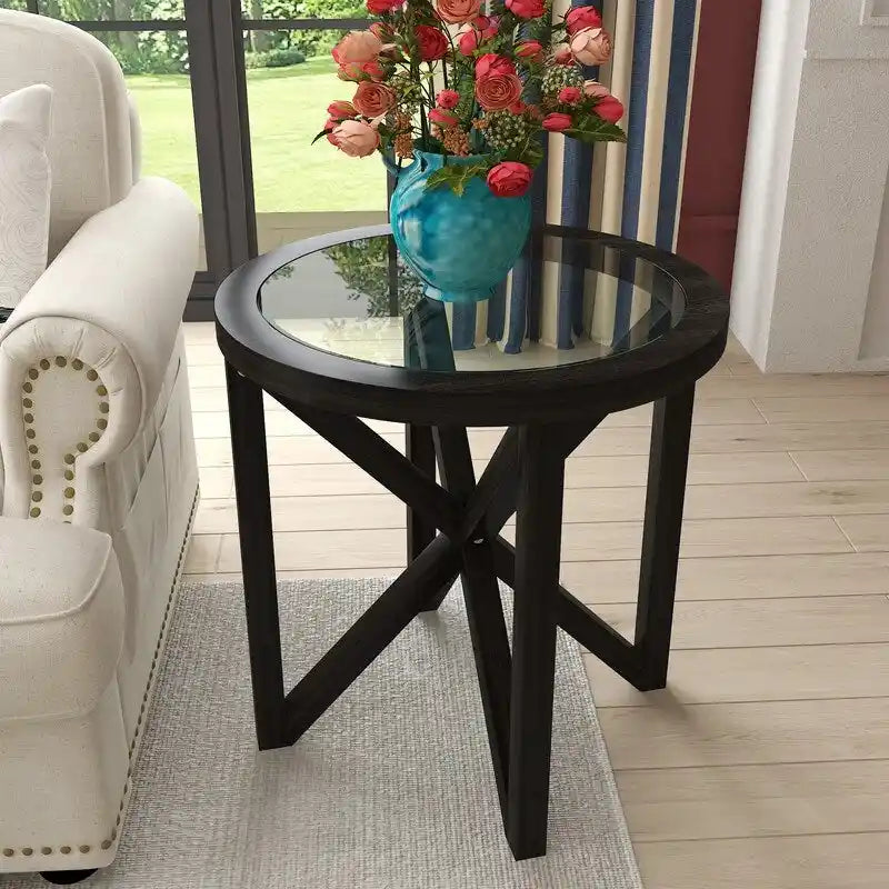 Table basse moderne simple en verre, table basse en verre trempé avec base en bois massif et plateau rond en verre transparent