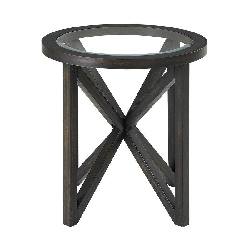 Table basse moderne simple en verre, table basse en verre trempé avec base en bois massif et plateau rond en verre transparent