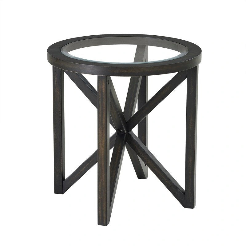 Table basse moderne simple en verre, table basse en verre trempé avec base en bois massif et plateau rond en verre transparent