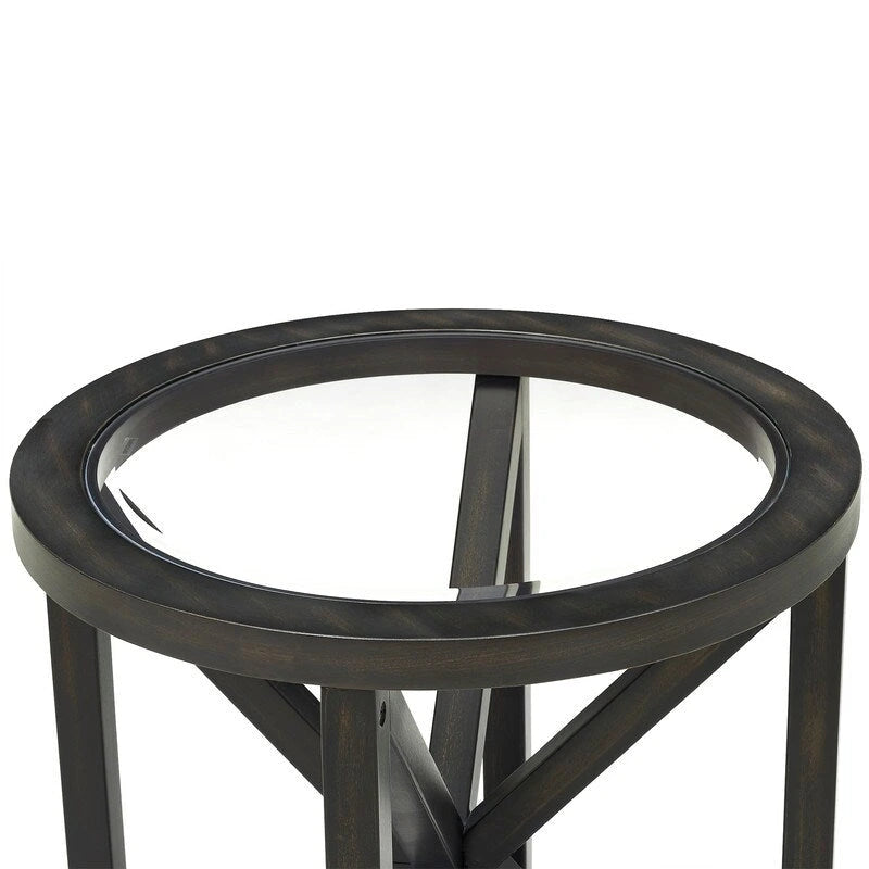 Table basse moderne simple en verre, table basse en verre trempé avec base en bois massif et plateau rond en verre transparent
