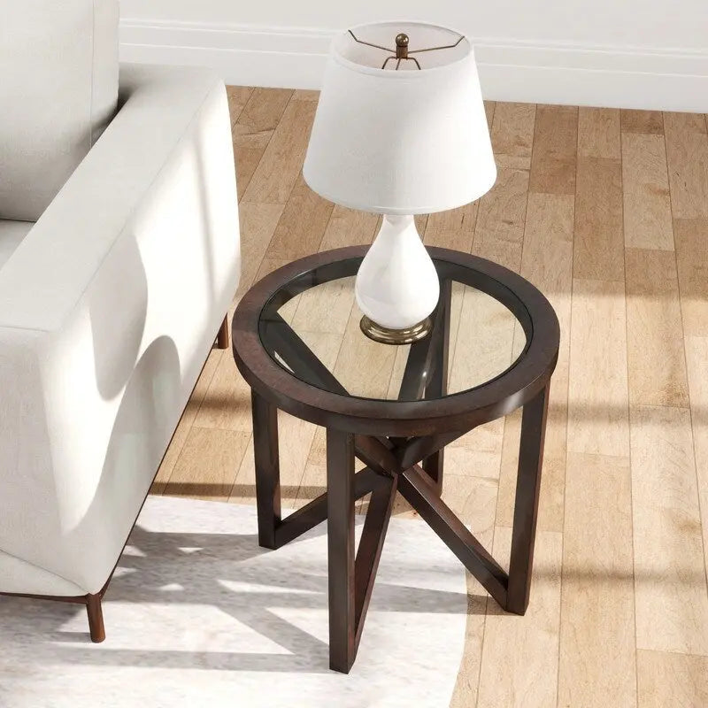 Table basse moderne simple en verre, table basse en verre trempé avec base en bois massif et plateau rond en verre transparent