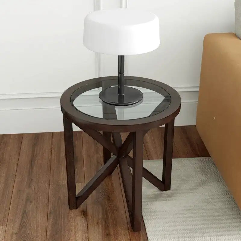 Table basse moderne simple en verre, table basse en verre trempé avec base en bois massif et plateau rond en verre transparent