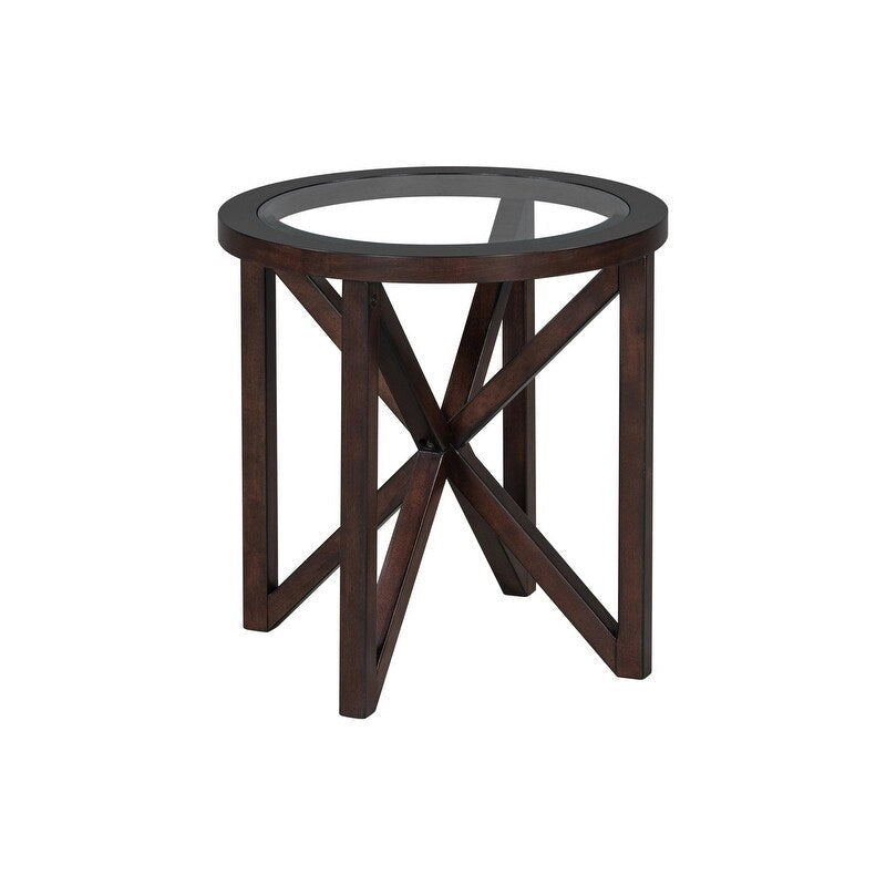 Table basse moderne simple en verre, table basse en verre trempé avec base en bois massif et plateau rond en verre transparent