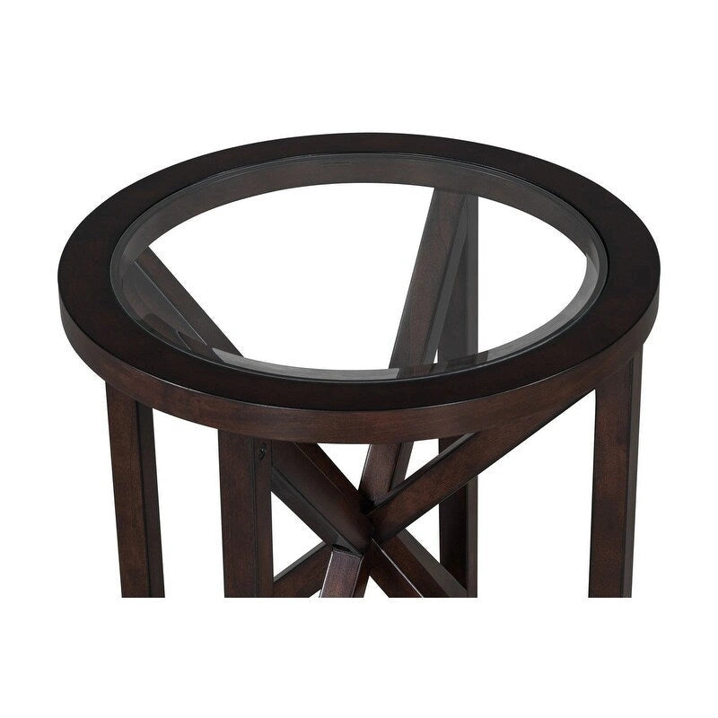 Table basse moderne simple en verre, table basse en verre trempé avec base en bois massif et plateau rond en verre transparent