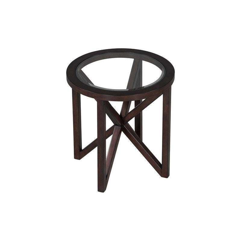 Table basse moderne simple en verre, table basse en verre trempé avec base en bois massif et plateau rond en verre transparent