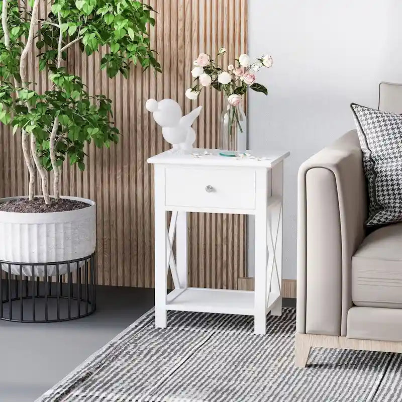 Table d'appoint, table de chevet de ferme avec tiroir de rangement, étagère ouverte et cadre en X