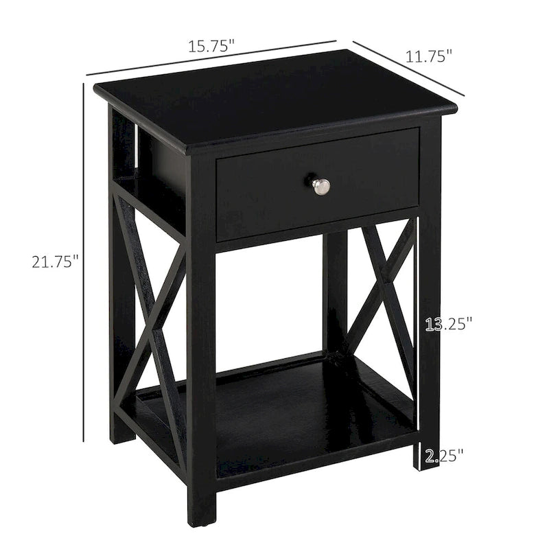 Table d'appoint, table de chevet de ferme avec tiroir de rangement, étagère ouverte et cadre en X