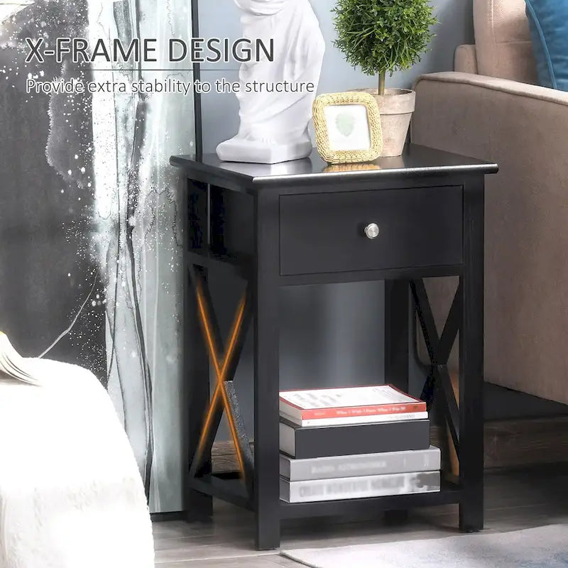 Table d'appoint, table de chevet de ferme avec tiroir de rangement, étagère ouverte et cadre en X