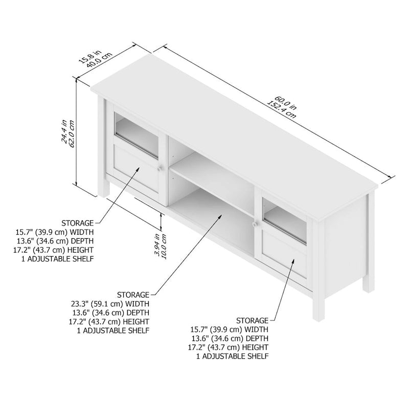 Meuble TV 60W avec portes et étagères.