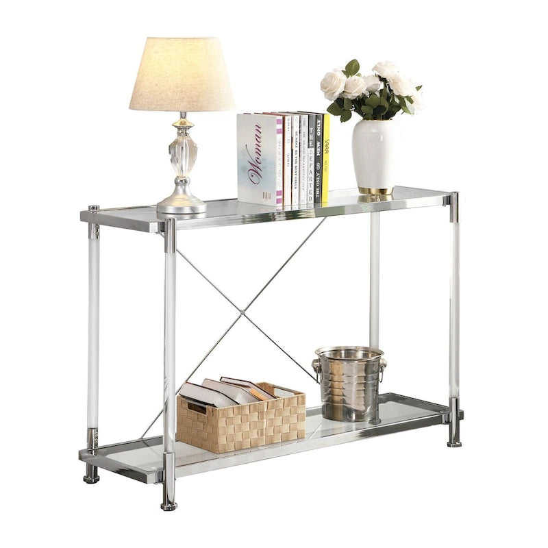 Table basse en verre chromé 43.31, table d'appoint en acrylique, console pour salon et chambre