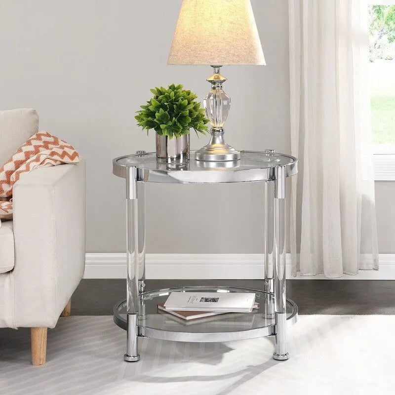 Modern Contemporary 2-Tier Tempered Glass Top End Table Side Table with Steel and Acrylic Frame