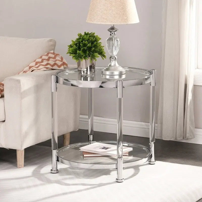 Modern Contemporary 2-Tier Tempered Glass Top End Table Side Table with Steel and Acrylic Frame
