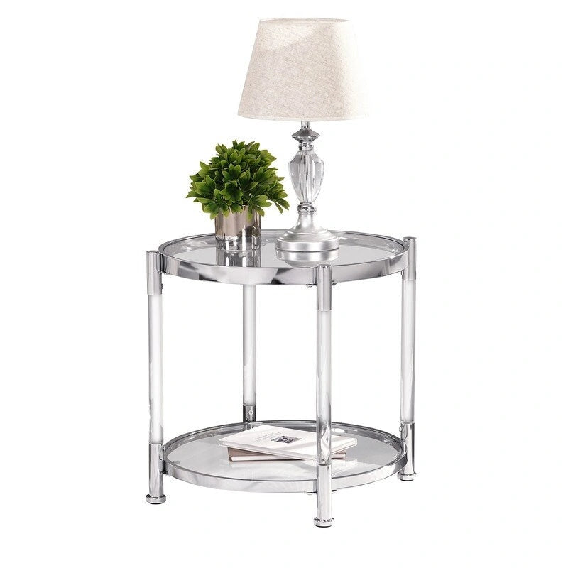 Table d'appoint/de bout moderne contemporaine à 2 niveaux en verre trempé avec cadre en acier et acrylique