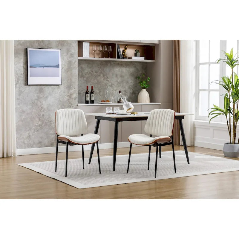 Dining Chairs Set of 2 Mid Century Modern Retro Faux Leather Chair with Bentwood Upholstered Seat Metal Legs Adjustable Foot