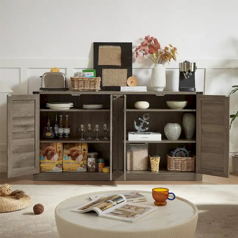 Bahut gris ardoise 165 cm en rotin synthétique avec portes de grange, meuble de rangement 4 portes pour salon, entrée, salle à manger