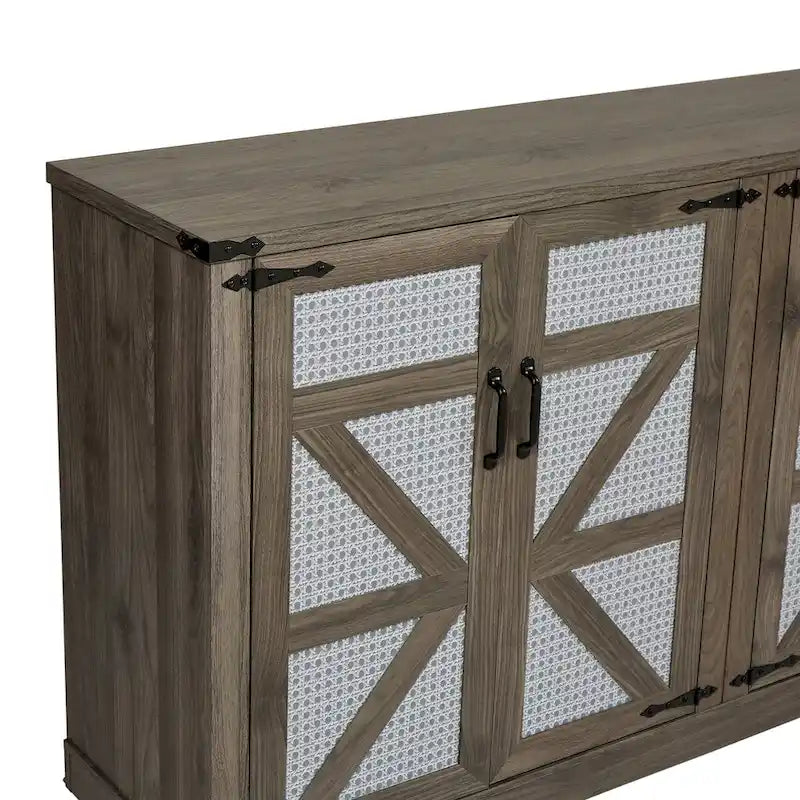 Bahut gris ardoise 165 cm en rotin synthétique avec portes de grange, meuble de rangement 4 portes pour salon, entrée, salle à manger