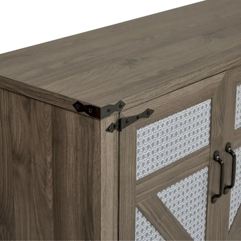 Bahut gris ardoise 165 cm en rotin synthétique avec portes de grange, meuble de rangement 4 portes pour salon, entrée, salle à manger
