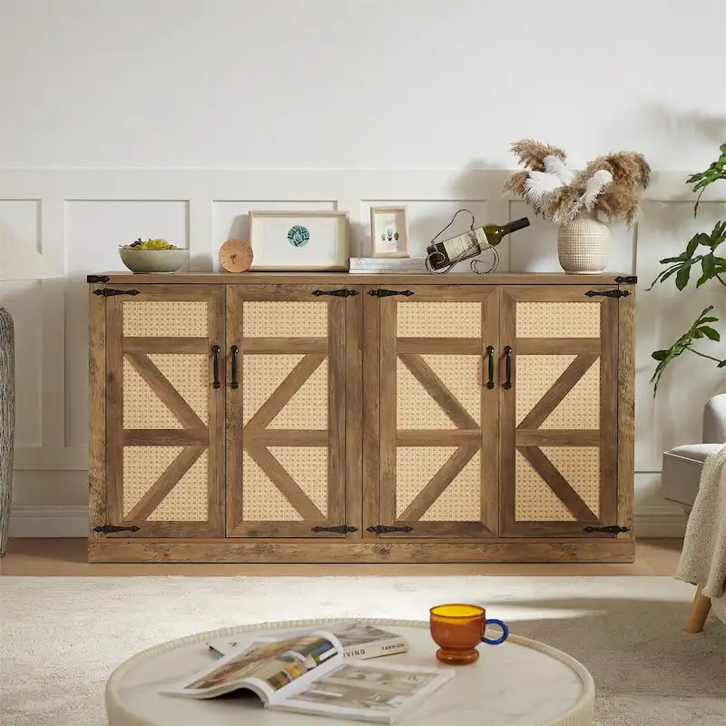 Bahut gris ardoise 165 cm en rotin synthétique avec portes de grange, meuble de rangement 4 portes pour salon, entrée, salle à manger