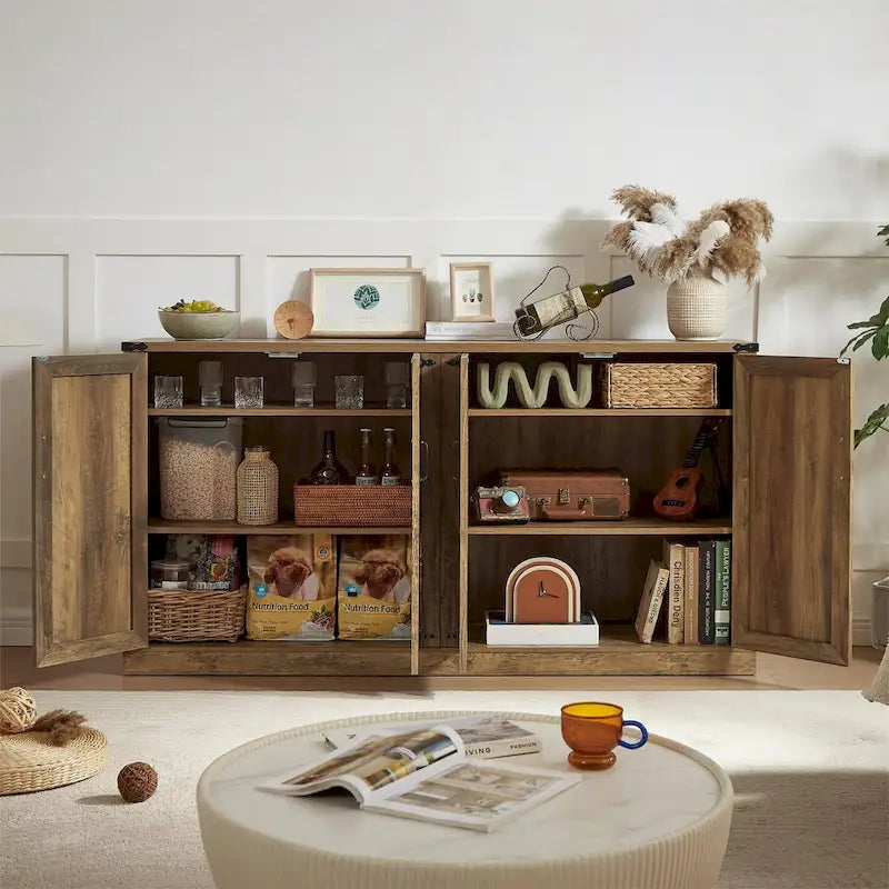 Bahut gris ardoise 165 cm en rotin synthétique avec portes de grange, meuble de rangement 4 portes pour salon, entrée, salle à manger