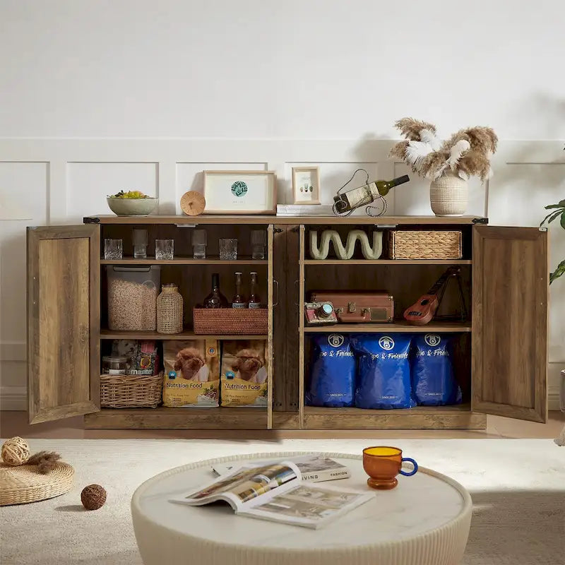 Bahut gris ardoise 165 cm en rotin synthétique avec portes de grange, meuble de rangement 4 portes pour salon, entrée, salle à manger