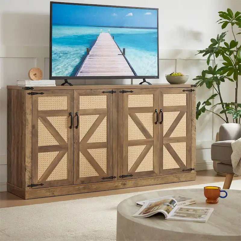 Bahut gris ardoise 165 cm en rotin synthétique avec portes de grange, meuble de rangement 4 portes pour salon, entrée, salle à manger