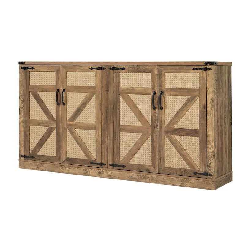 Bahut gris ardoise 165 cm en rotin synthétique avec portes de grange, meuble de rangement 4 portes pour salon, entrée, salle à manger
