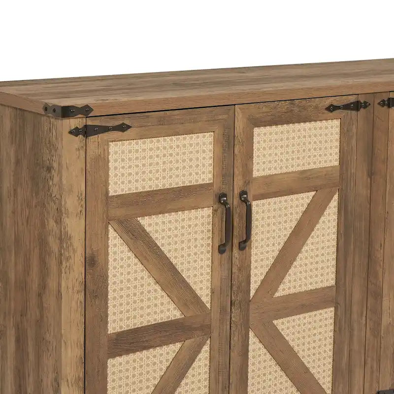 Bahut gris ardoise 165 cm en rotin synthétique avec portes de grange, meuble de rangement 4 portes pour salon, entrée, salle à manger