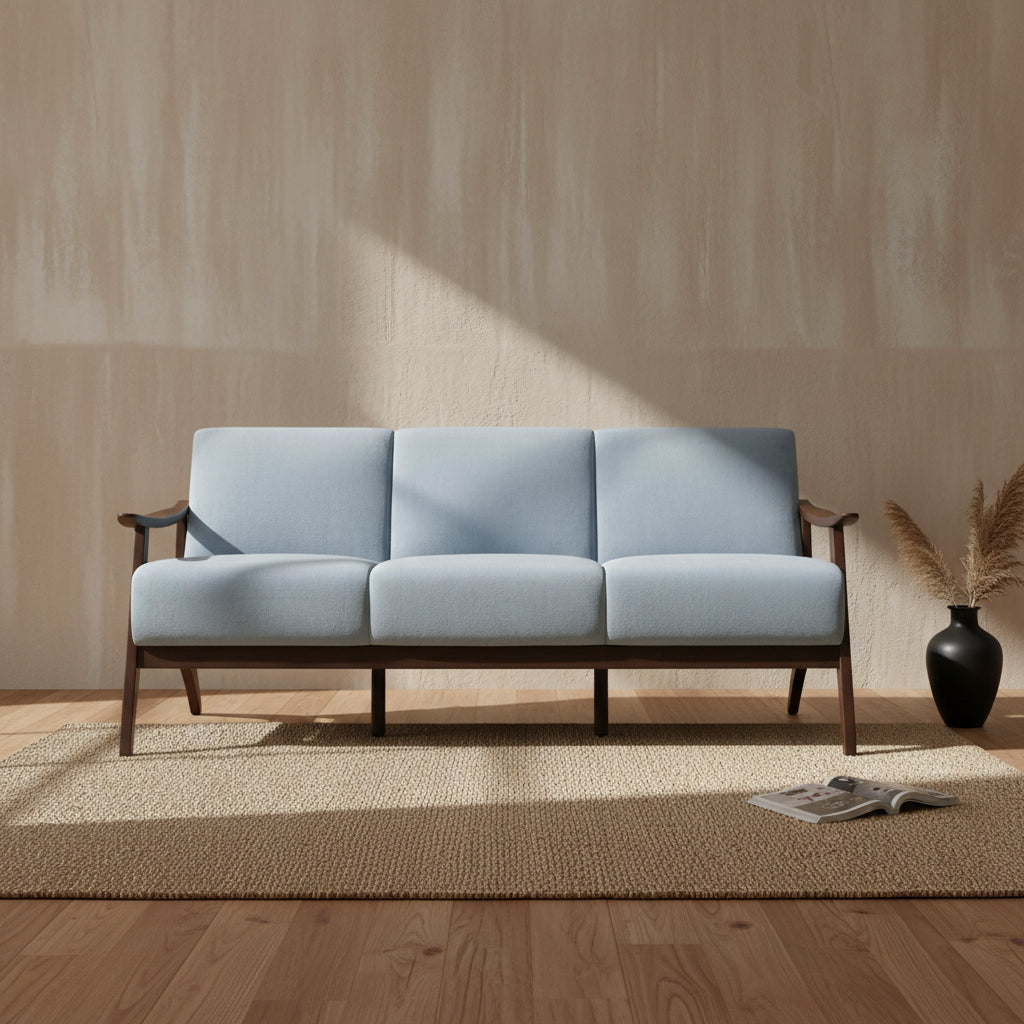 73 Inch Sofa, Soft Blue Gray Velvet, Walnut Brown Solid Rubberwood