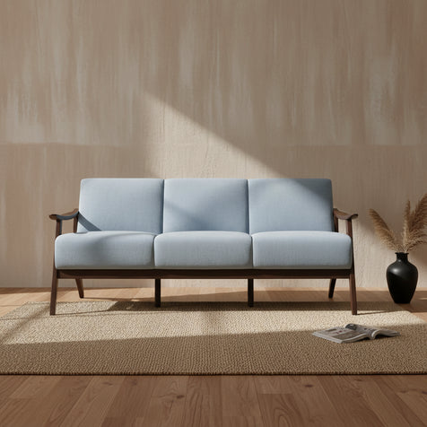 73 Inch Sofa, Soft Blue Gray Velvet, Walnut Brown Solid Rubberwood