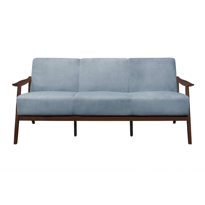 73 Inch Sofa, Soft Blue Gray Velvet, Walnut Brown Solid Rubberwood