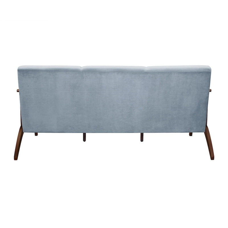 73 Inch Sofa, Soft Blue Gray Velvet, Walnut Brown Solid Rubberwood