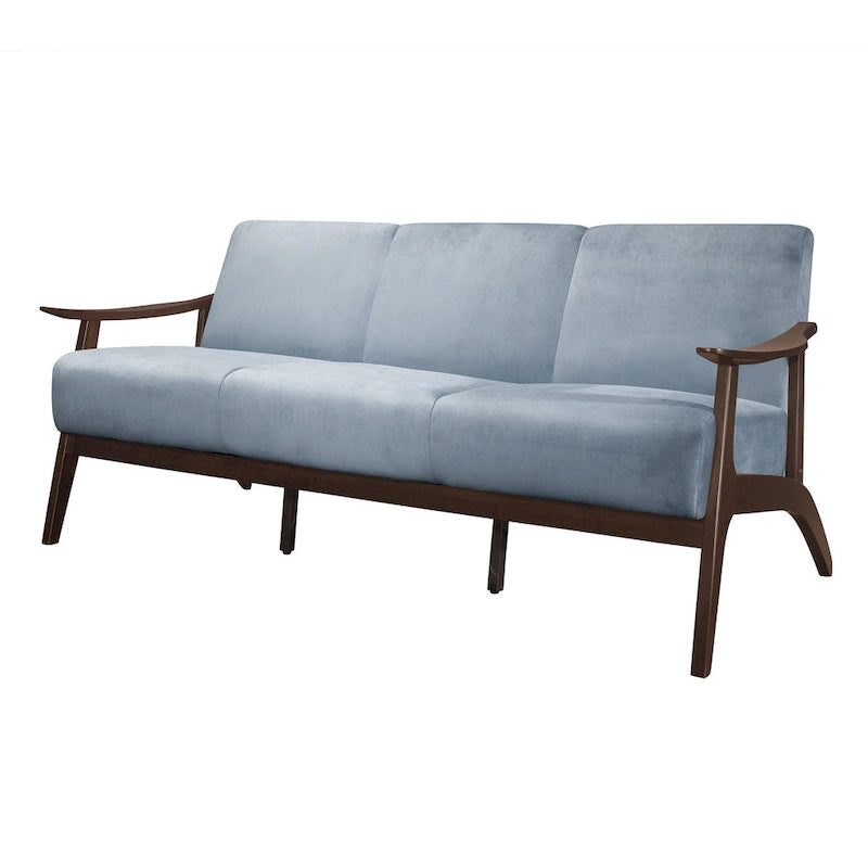 73 Inch Sofa, Soft Blue Gray Velvet, Walnut Brown Solid Rubberwood