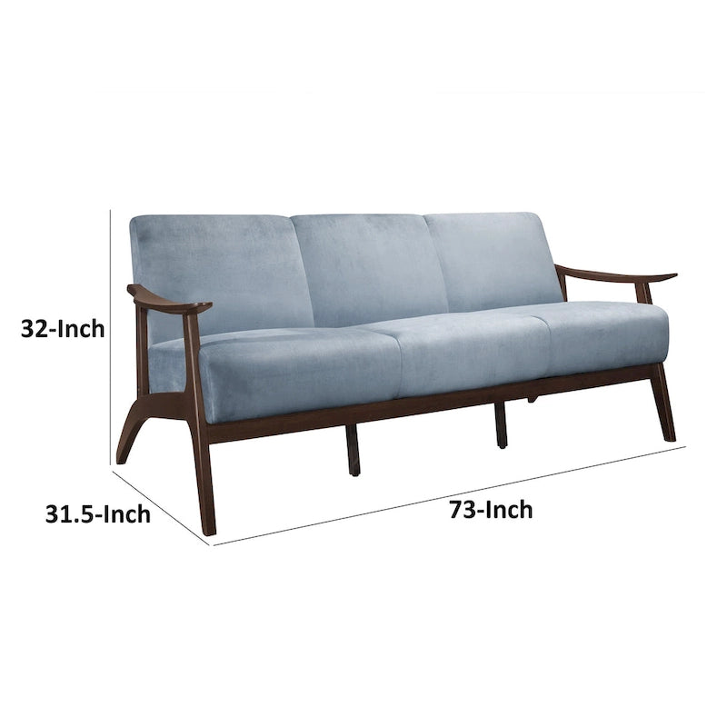 73 Inch Sofa, Soft Blue Gray Velvet, Walnut Brown Solid Rubberwood