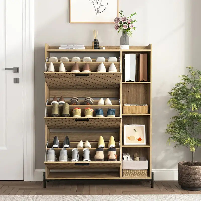 Shoe Cabinet with 3 Flip Drawers & Open Shelves, Entryway Shoe Storage Cabinet Slim, Narrow Hidden Shoe Rack for Heels, Boots