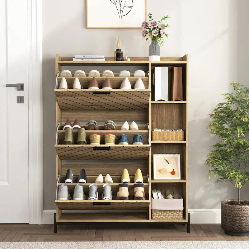 Meuble à chaussures avec 3 tiroirs basculants et étagères ouvertes, meuble de rangement à chaussures mince pour entrée, étagère à chaussures étroite et discrète pour talons et bottes
